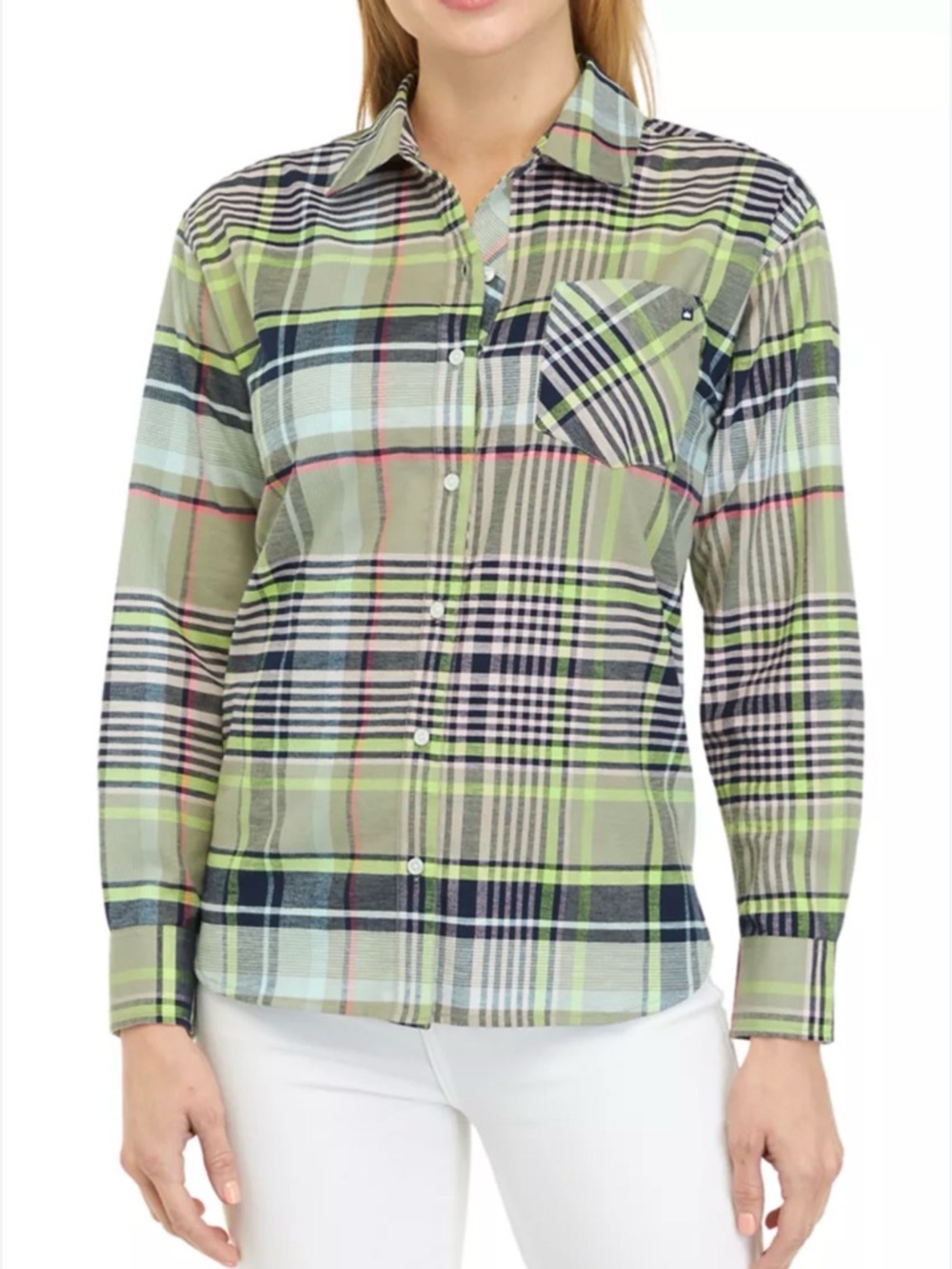 crown & ivy Navy, Lime &‎ Pink Plaid Button Shirt